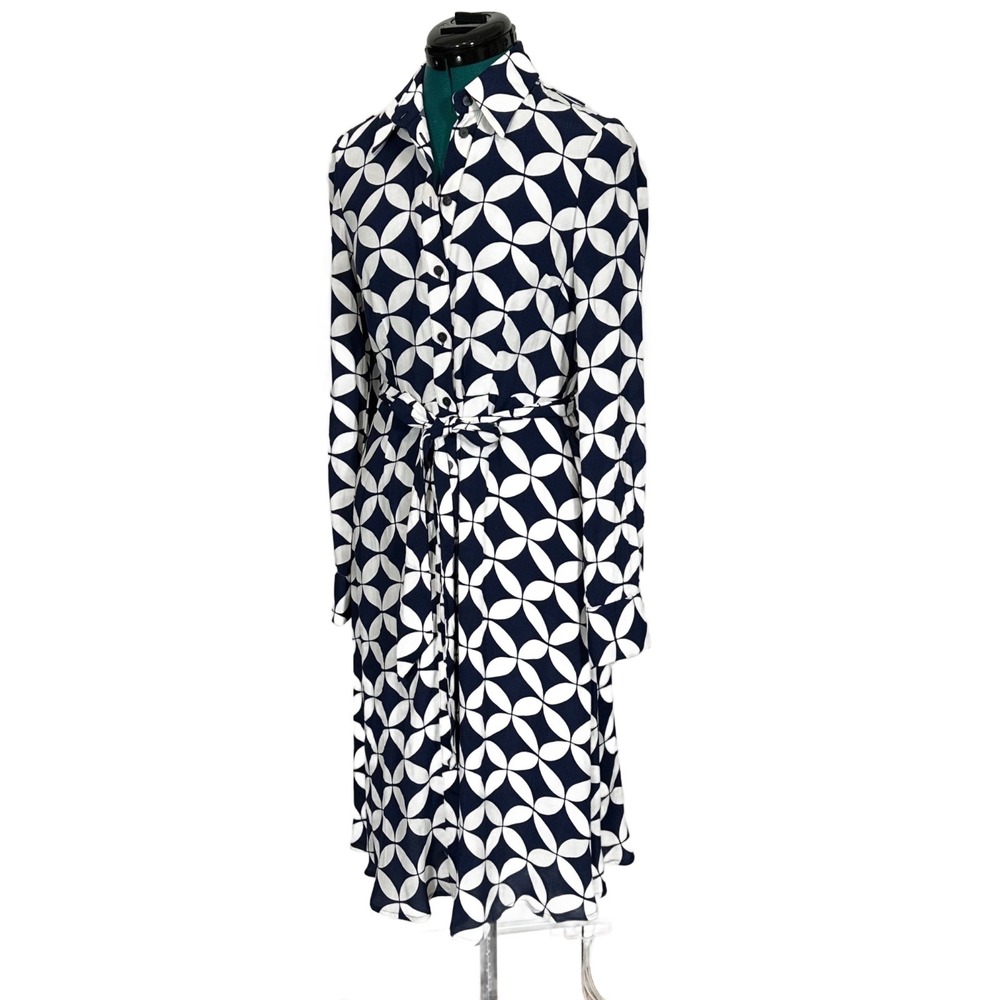 Boden Shirt Dress Geometric Petal Print 4R Navy White Belted Long Sleeve Midi - Picture 5 of 9